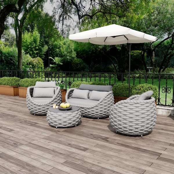 TWT Bird's Nest 4-Piece Gray Aluminum Hand-Woven Patio Conversation Sets Waterproof Sectional Seating Set with Gray Cushions