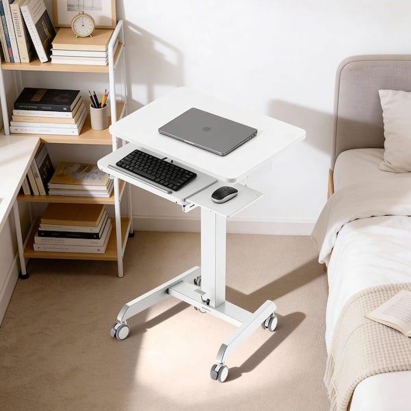 23.6 in. Rectangular White Steel Laptop Desk Cart with Adjustable Height, Pull-Out Keyboard Tray and Manual Controls
