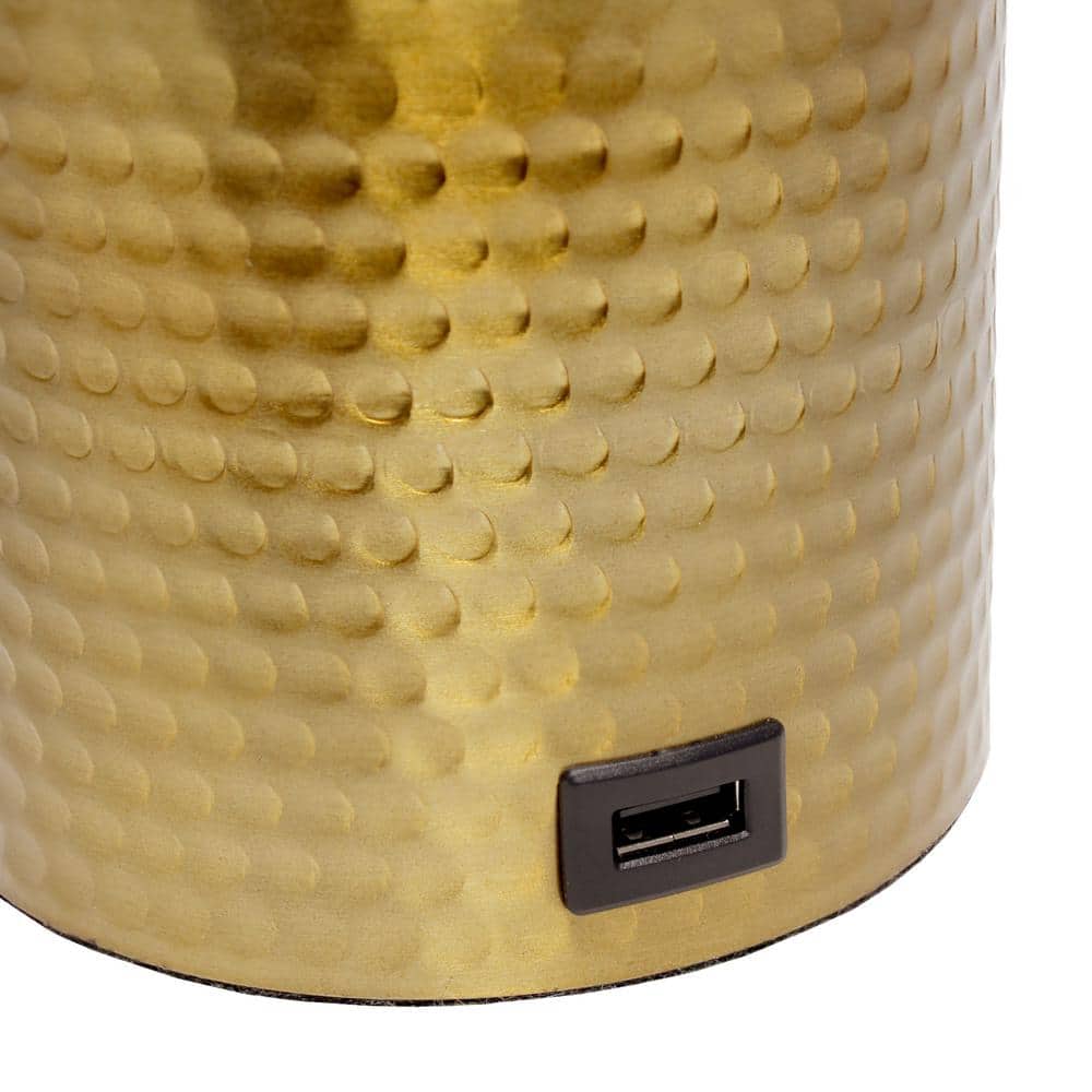 Gold Hammered Metal Nightstand Lamp with White Fabric Shade and USB Port