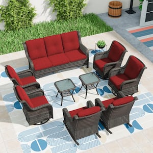 9-Pieces Patio Furniture Set Outdoor Wicker Sectional Sofa with Red Cushions and Glass Top Coffee Table