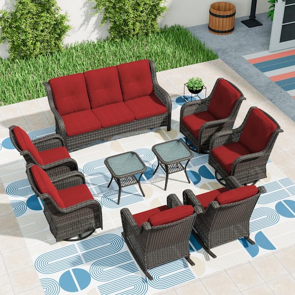 MeetLeisure 9-Pieces Patio Furniture Set Outdoor Wicker Sectional Sofa with Red Cushions and Glass Top Coffee Table