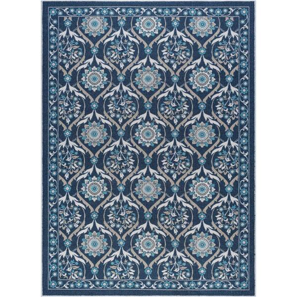Tayse Rugs Majesty Floral Navy 5 ft. x 7 ft. Indoor Area Rug