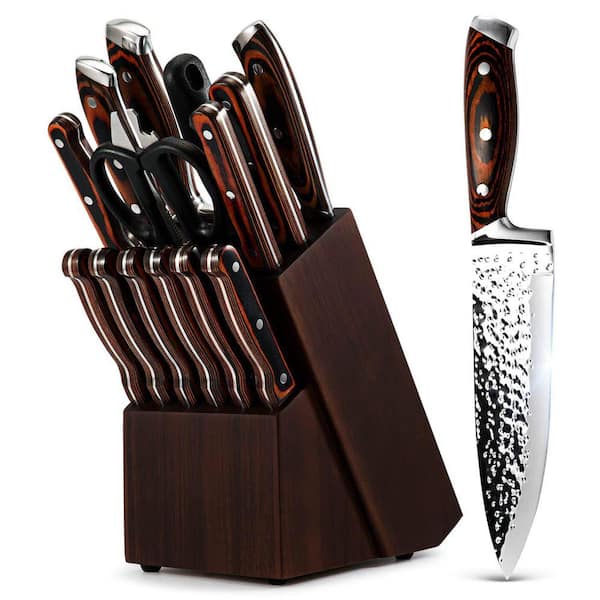 15-Piece Stainless Steel Kitchen Knife Set with Wooden Block, Chef Knife, Steak Knives, and Sharpener