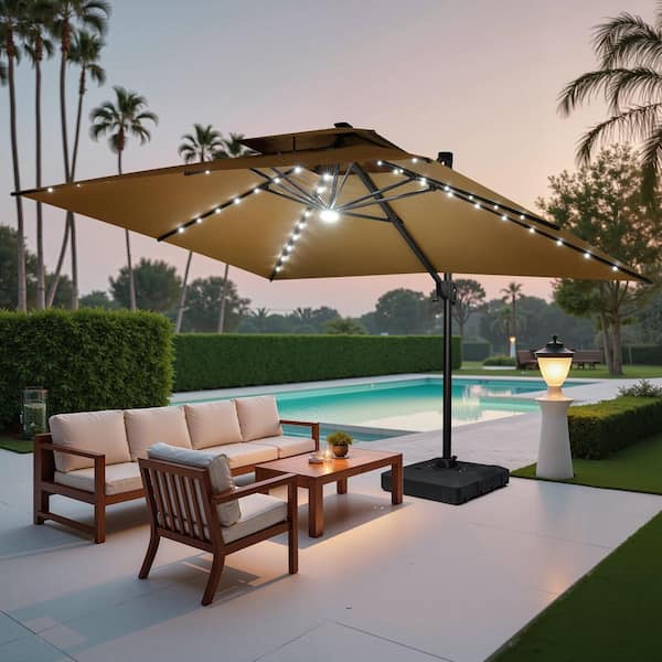 Crestlive Products 13 ft. x 10 ft. Outdoor Cantilever Umbrella with Solar Lights Dual-Top Patio Umbrella in Tan with 320 lbs. Wheeled Base CL-UWB8608TAN - The Home Depot Crestlive Products 13 ft. x 10 ft. Outdoor Cantilever Umbrella with Solar Lights Dual-Top Patio Umbrella in Tan with 320 lbs. Wheeled Base CL-UWB8608TAN - The Home Depot