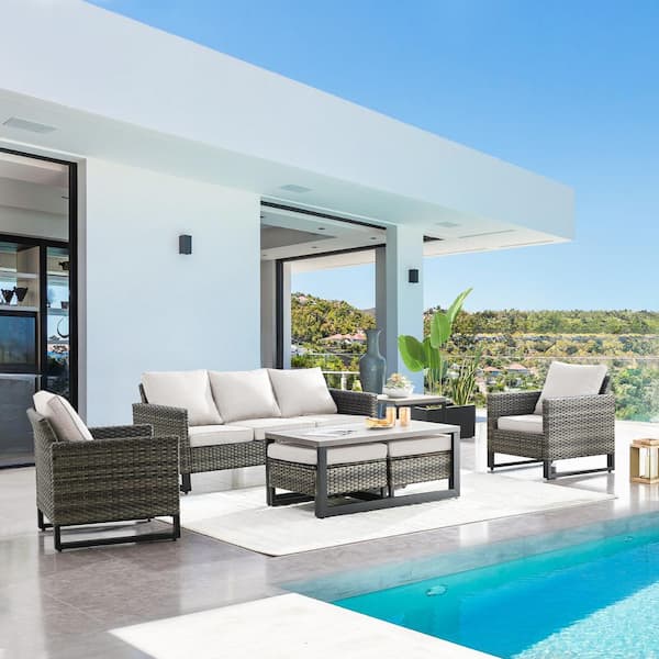 6-Piece All Weater Wicker Outdoor Patio Conversation Sectional Sofa Set with Tea Table, Beige Cushions and Ottomans Set