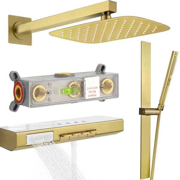 Tomfaucet 2-Handle 3-Spray Thermostatic Tub and Shower Faucet 3.7 GPM with High Pressure in Brushed Gold