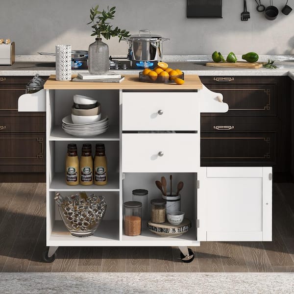 Unbranded White Wood 41.3 in. Kitchen Island with 2 Drawers and 3-Open Shelves for Kitchen