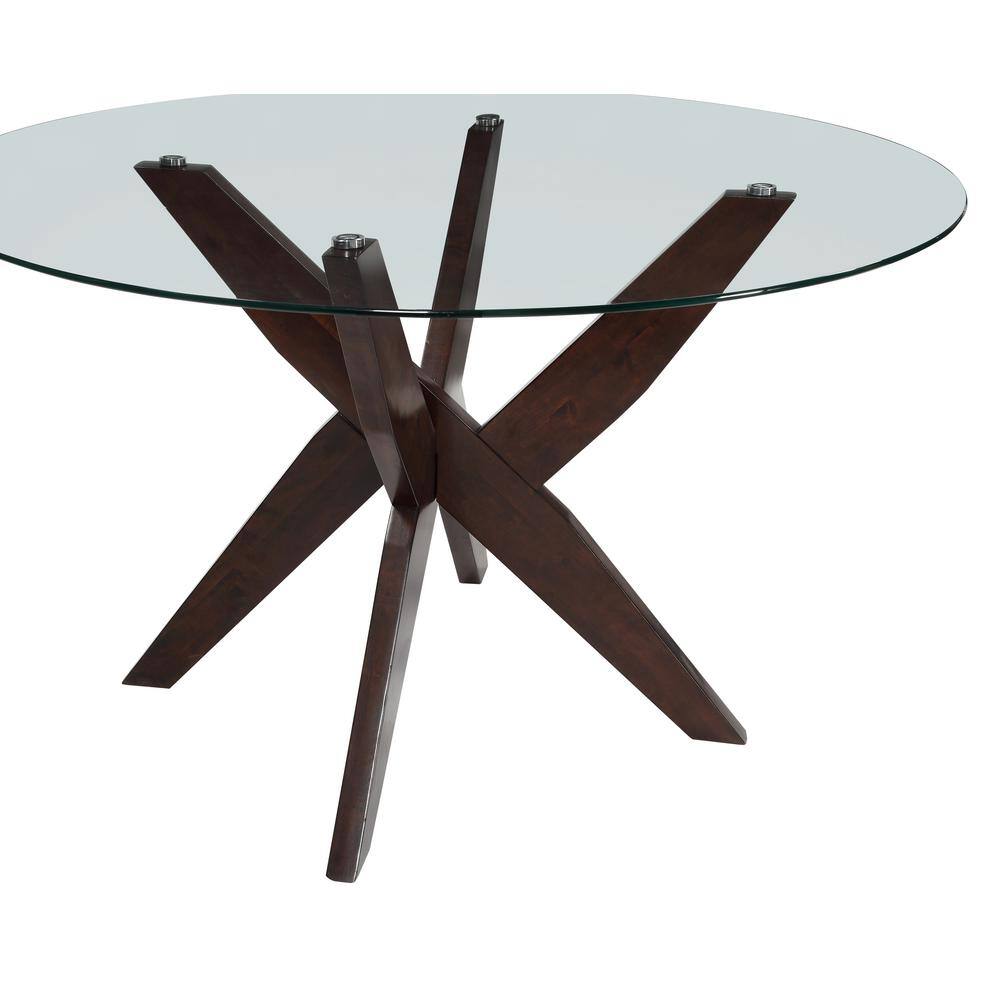 48" Round Clear Glass Top Walnut Base Dining Table for Six
