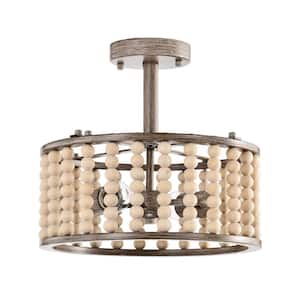 Silas 14 in. 2-Light Indoor Brown Faux Wood Grain Finish Semi-Flush Mount Ceiling Light with Light Kit