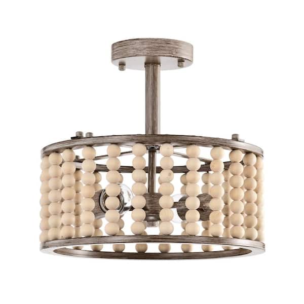 Warehouse of Tiffany Silas 14 in. 2-Light Indoor Brown Faux Wood Grain Finish Semi-Flush Mount Ceiling Light with Light Kit