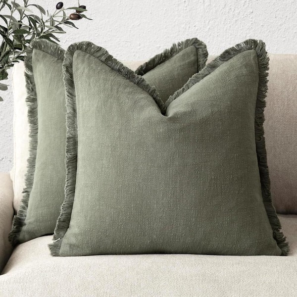 Olive Green Tassels 18 in. x 18 in. Throw Pillow Cover Set of 2