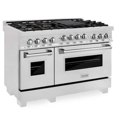 48" 6 cu. ft. Double Oven Gas Range with Gas Stove and Gas Oven in DuraSnow Stainless Steel with Brass Burners
