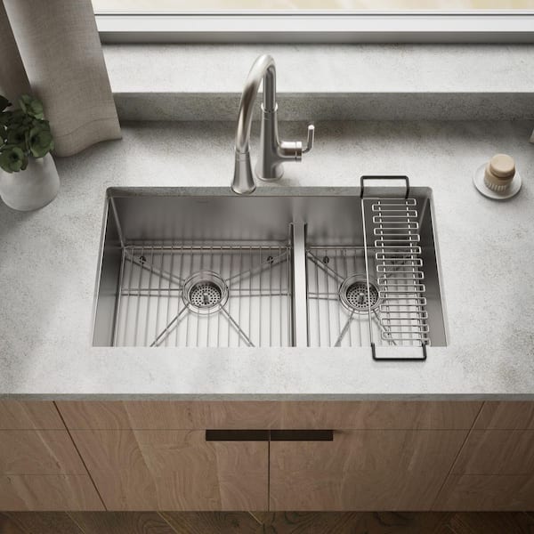 Strive Undermount Stainless Steel Smart Divide 32 in. Double Bowl Kitchen Sink Kit with Included Accessories