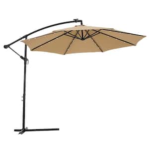 10 ft. Metal Hanging Cantilever Solar Powered with 24 LED Patio Umbrella Offset Umbrella Hand Crank Design in Taupe