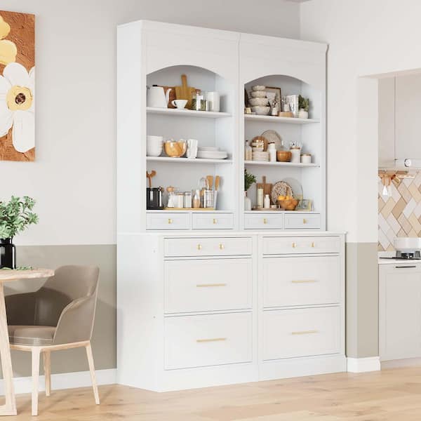 51 in. W x 18 in. D x 84 in. H (Set of 2) White Linen Cabinet,High Freestanding Kitchen Wooden Pantry w/ Faux Marble Top