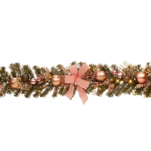 National Tree Company 72 in. Decorated Pine Garland with Bow, Gold Ornaments, Berries and LED