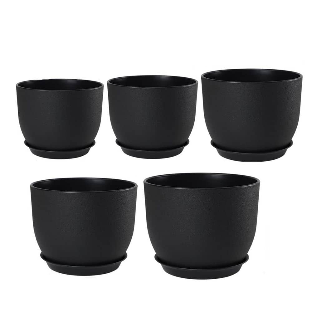 10/9/8/7.5/7 in Large Black Plastic Round Planter Set (5-Pack