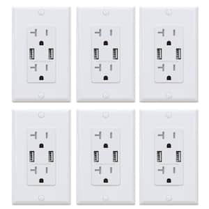 4.0 Amp Dual USB Ports with Smart Chip, 20 Amp Duplex Tamper Resistant Outlet Wall Plate Included, White (6-Pack)
