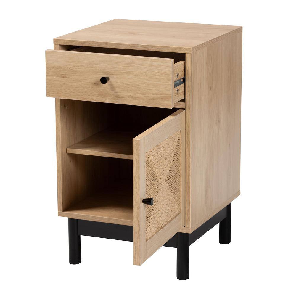 Light Brown Wood Accent Table with Woven Storage