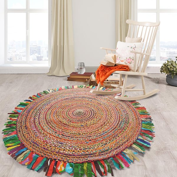 Lr Home Rita Multi Color 3 Ft 6 In, Round Jute Rug 5 Ft 6 Inches
