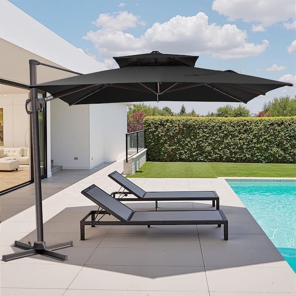 Double Top 11 ft. x 9 ft. Rectangular Aluminum Heavy-Duty 360° Rotation Cantilever Patio Umbrella in Black