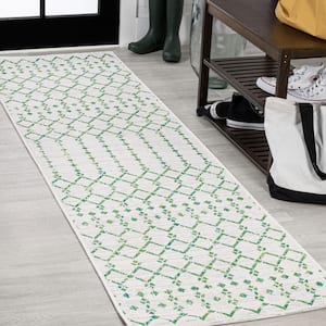 Ourika Moroccan Green/Ivory 2 ft. x 8 ft. Geometric Textured Weave Indoor/Outdoor Area Rug
