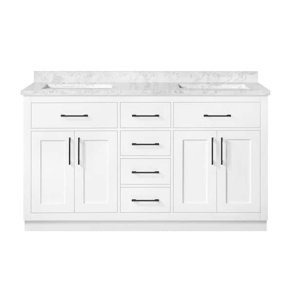 Athea 60 in. Freestanding White Bath Vanity with White Engineered Marble Top, Power Bar and Matte Black Hardware