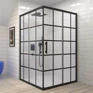 VENUS 36 in. W x 72 in. H Sliding Framed Corner Shower Enclosure in Black Grid Finish with Clear Glass