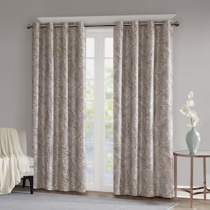 Dahlia Taupe Paisley Faux Silk 50 in. W x 84 in. L Blackout Grommet Top Curtain