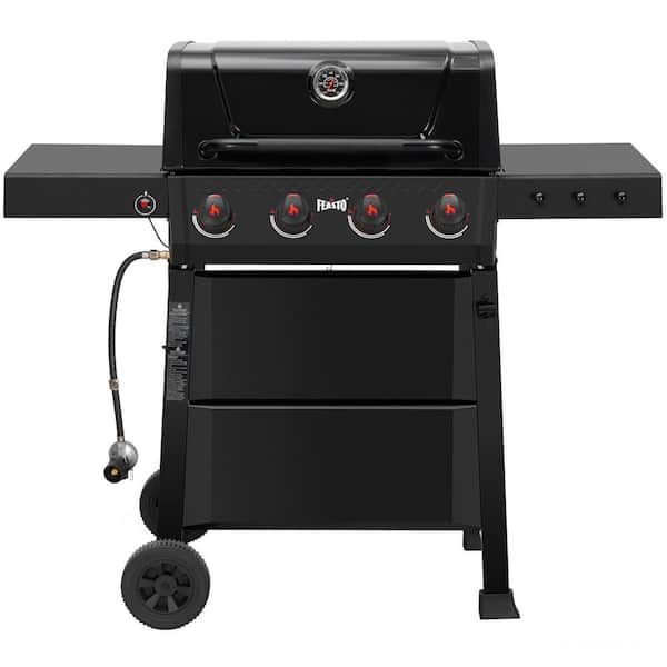 4-Burner Propane Gas Grill in Black with 2-Side Tables and Porcelain-Enameled Grates