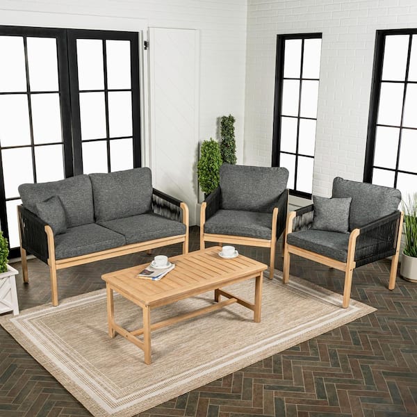Tavira 4-Piece Bohemian Acacia Wood Outdoor Patio Set and Plain Decorative Pillows, Black/Light Teak Cushions