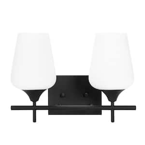14 in. 2-Light Matt Black Vanity Light With Satin Etched Cased Opal Glass Shade