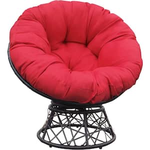 Black Metal Swivel Outdoor Lounge Chair with Red Cushion, Papasan Chair, Comfy Circle Lounge Moon Chair