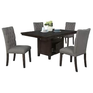 Ricky 5-Piece Rectangular Rustic Dark Oak Wood Top Dining Table Set With 4 Gray Linen Fabric Chairs