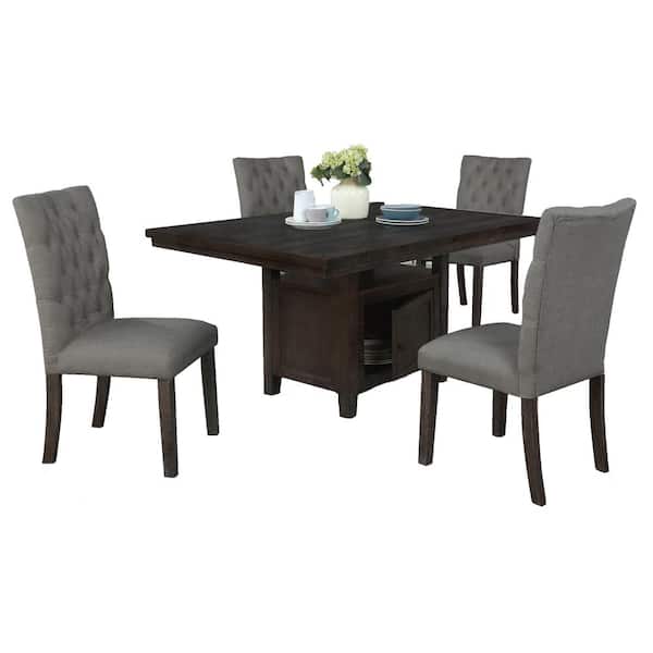 Best Quality Furniture Ricky 5-Piece Rectangular Rustic Dark Oak Wood Top Dining Table Set With 4 Gray Linen Fabric Chairs