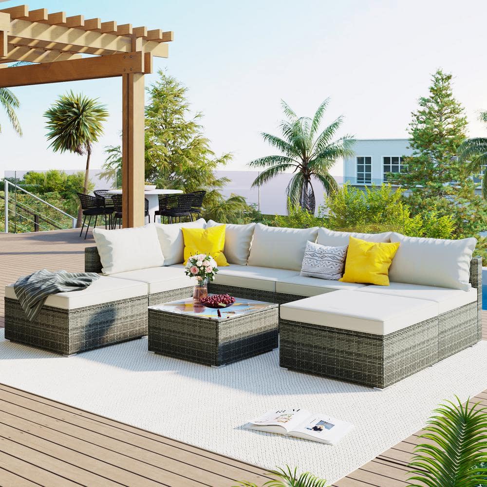 Gray 8-Piece Wicker Outdoor Patio Furniture Sectional Set Garden Conversati