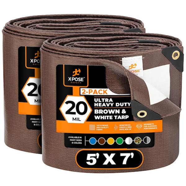 Heavy-Duty Brown White Poly Tarp 5 ft. x 7 ft. Multi-Purpose Protective Cover Durable Extra Thick 20 mil - 2-Pack