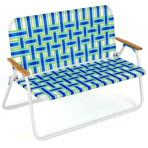 2-Person Blue Metal Outdoor Bench Folding Chair with Armrest for Backyard