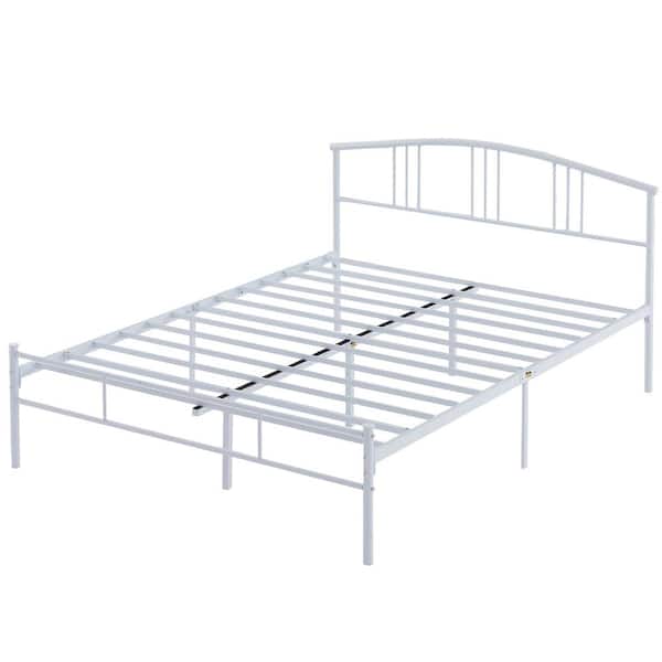 VECELO Victorian Style Bed Frames, White Metal Frame Queen Platform Bed with Headboard, Solid Sturdy Steel Slat Support