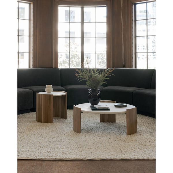NADAAL STUDIOS Crest 35 in. White Round Marble Coffee Table with Solid Oak Base