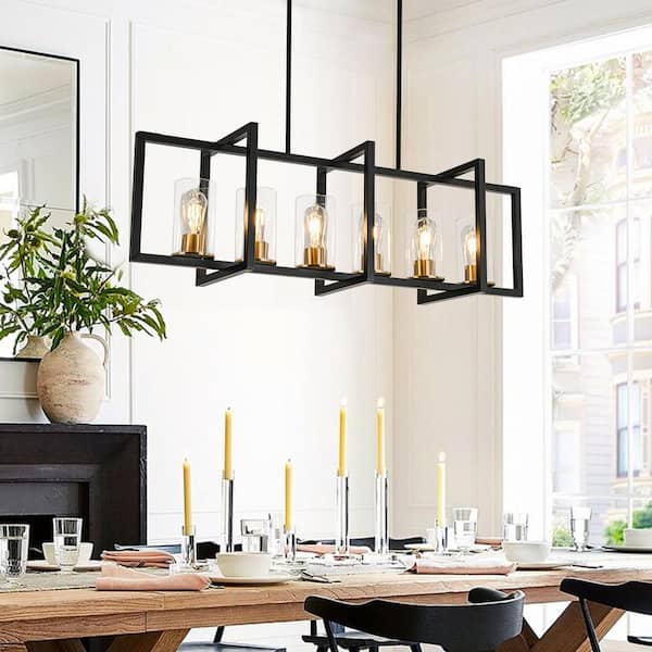 Ferrill 6-Light Modern Kitchen Island Light Black and Gold Industrial Linear Chandelier with Clear Glass