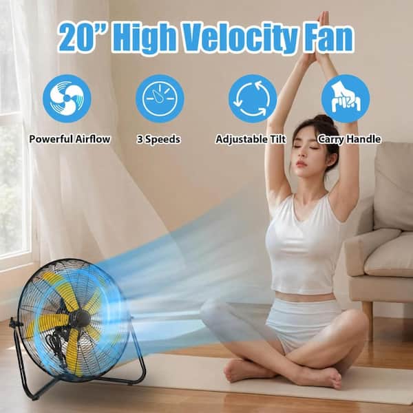 20 in. High Velocity Metal Floor Fan in Yellow with 3 Speeds, 5,300 CFM, 360 Degrees Adjustable, Switchable Wall Mount