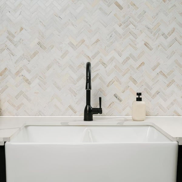 MSI - Angora Herringbone 12 in. x 14 in. x 0.38 in. Polished Marble Mesh-Mounted Mosaic Tile (1 sq.ft./Each)