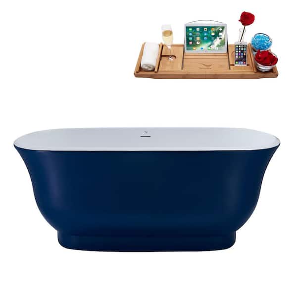 Streamline 59 in. Acrylic Flatbottom Non-Whirlpool Bathtub in Matte Dark Blue with Brushed Gold Drain