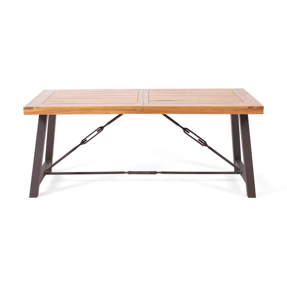 Outdoor Wooden Rectangle Dining Table with Metal Stand for Garden Patio Bac