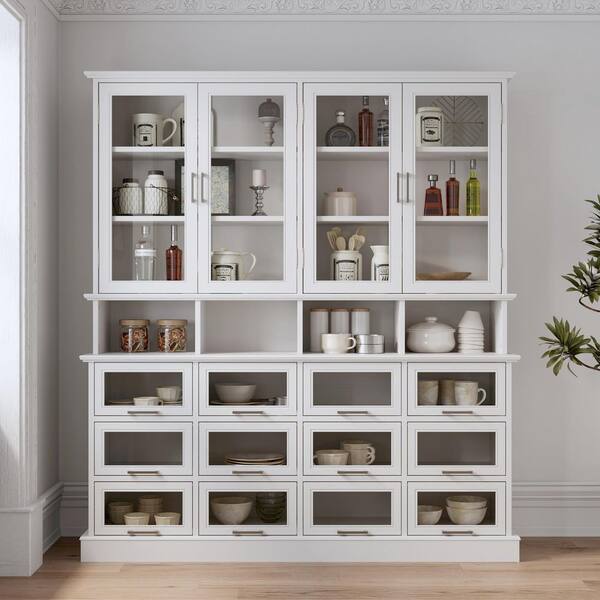 White Wood 63 in. x 78.7 in. Kitchen Pantry Cabinet with Glass Doors, Individual Storage Cubes, Sideboard with 22-Shelf