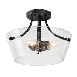 13 in. Modern Black Drum Semi Flush Mount Ceiling Light with Seeded Glass Shade