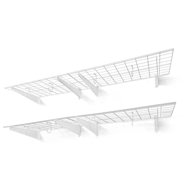 72 in. W x 18 in. D White Metal Garage Wall Shelf, Wall Mounted Garage Shelves with 2 Bike Hooks, (Pack of 4)