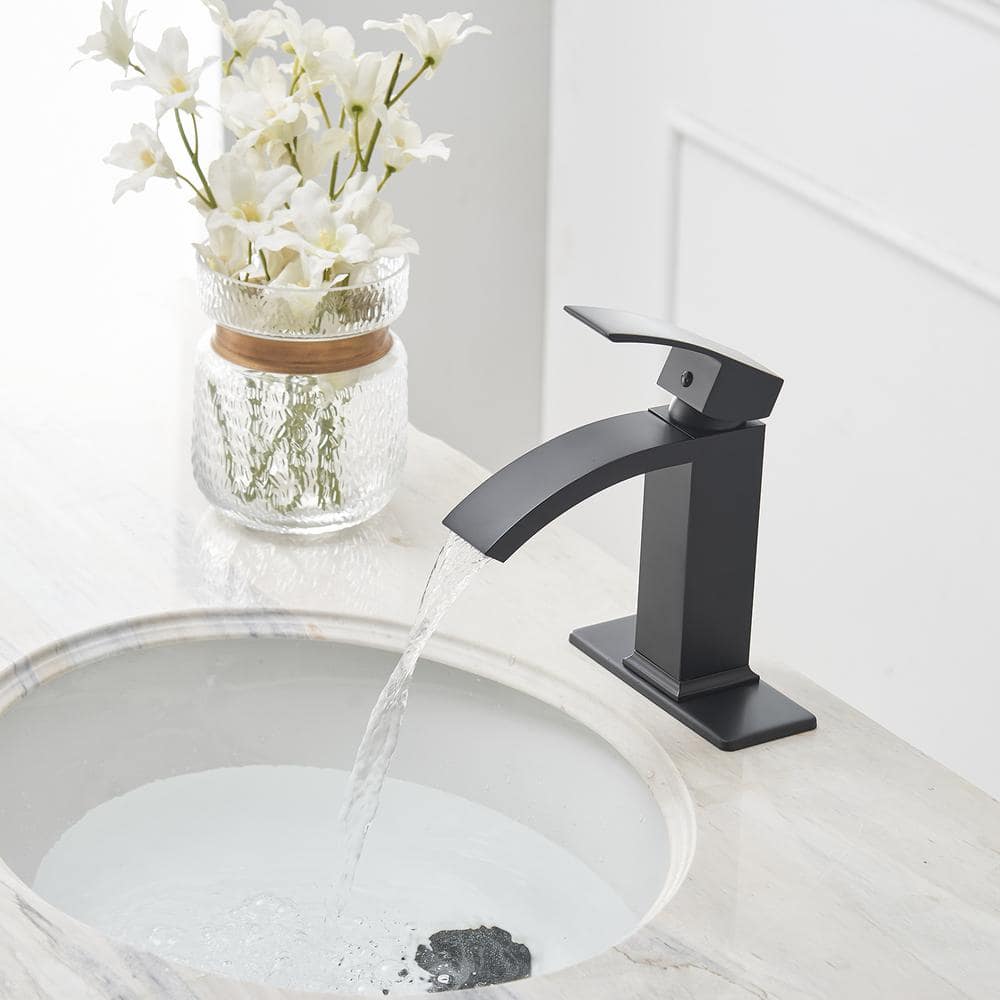 Matte Black Single-Handle Waterfall Bathroom Faucet with Pop-Up Drain