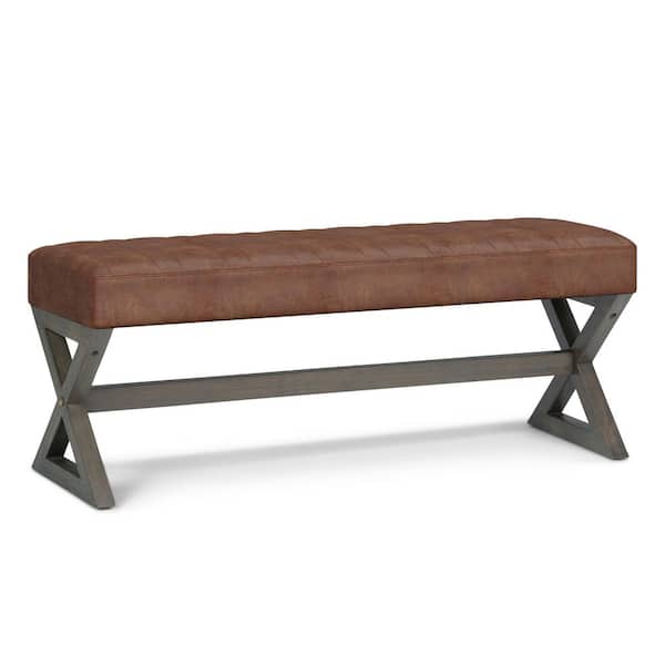 Simpli Home Salinger 48 in. Rectangle Ottoman Bench in Distressed Saddle Brown Vegan Faux Leather, Assembled